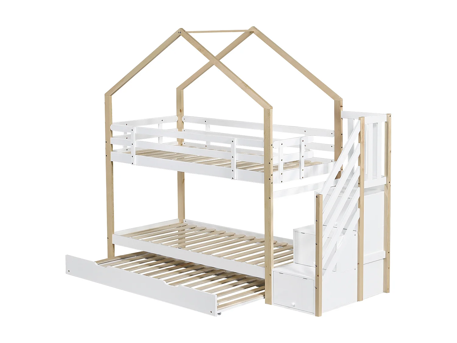 Letto matrimoniale 90x200 cm con letto estraibile 90x190 e scala con cassetti in legno e MDF bianco e naturale (Senza materasso)