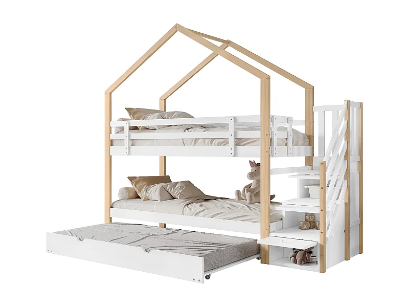 Stapelbed 90x200cm huisje stijl uitschuifbaar bed trap met lades stevige constructie hout en MDF wit naturel (Zonder matras)