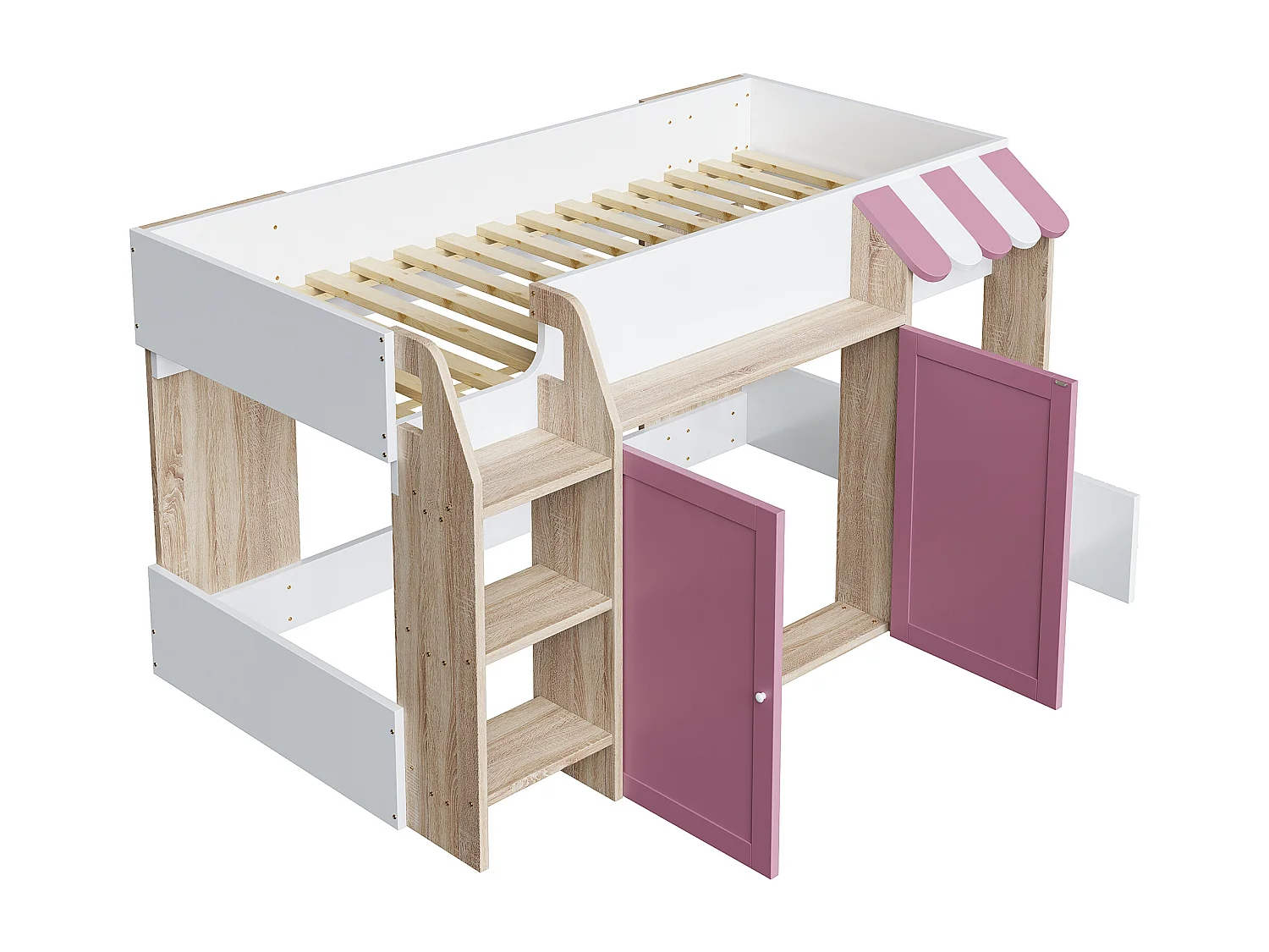Lit superposé 90x200cm style maison faible hauteur bois sécurité échelle large idéal chambre enfant Rose et blanc (Sans matelas)