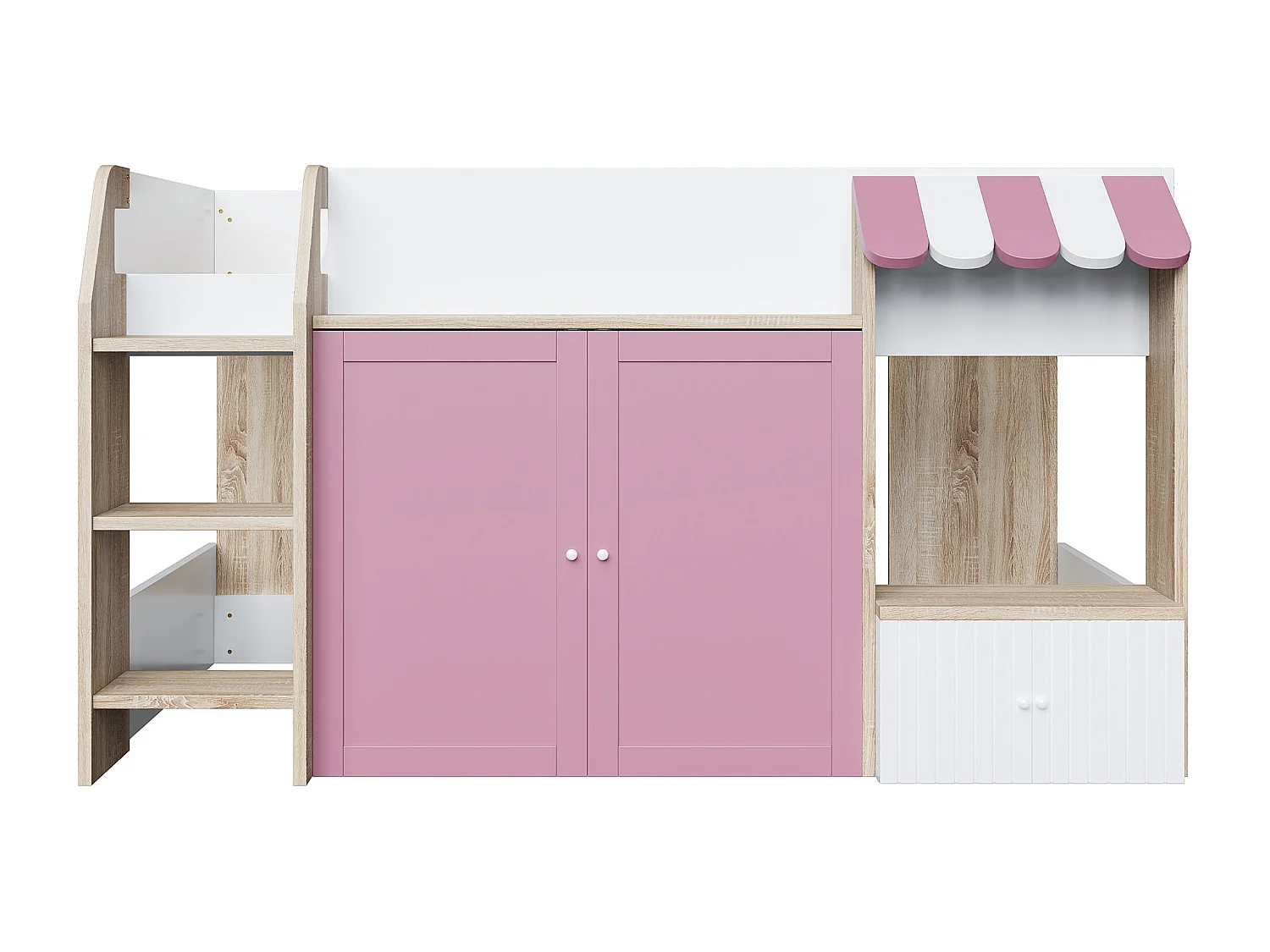 Lit superposé 90x200cm style maison faible hauteur bois sécurité échelle large idéal chambre enfant Rose et blanc (Sans matelas)