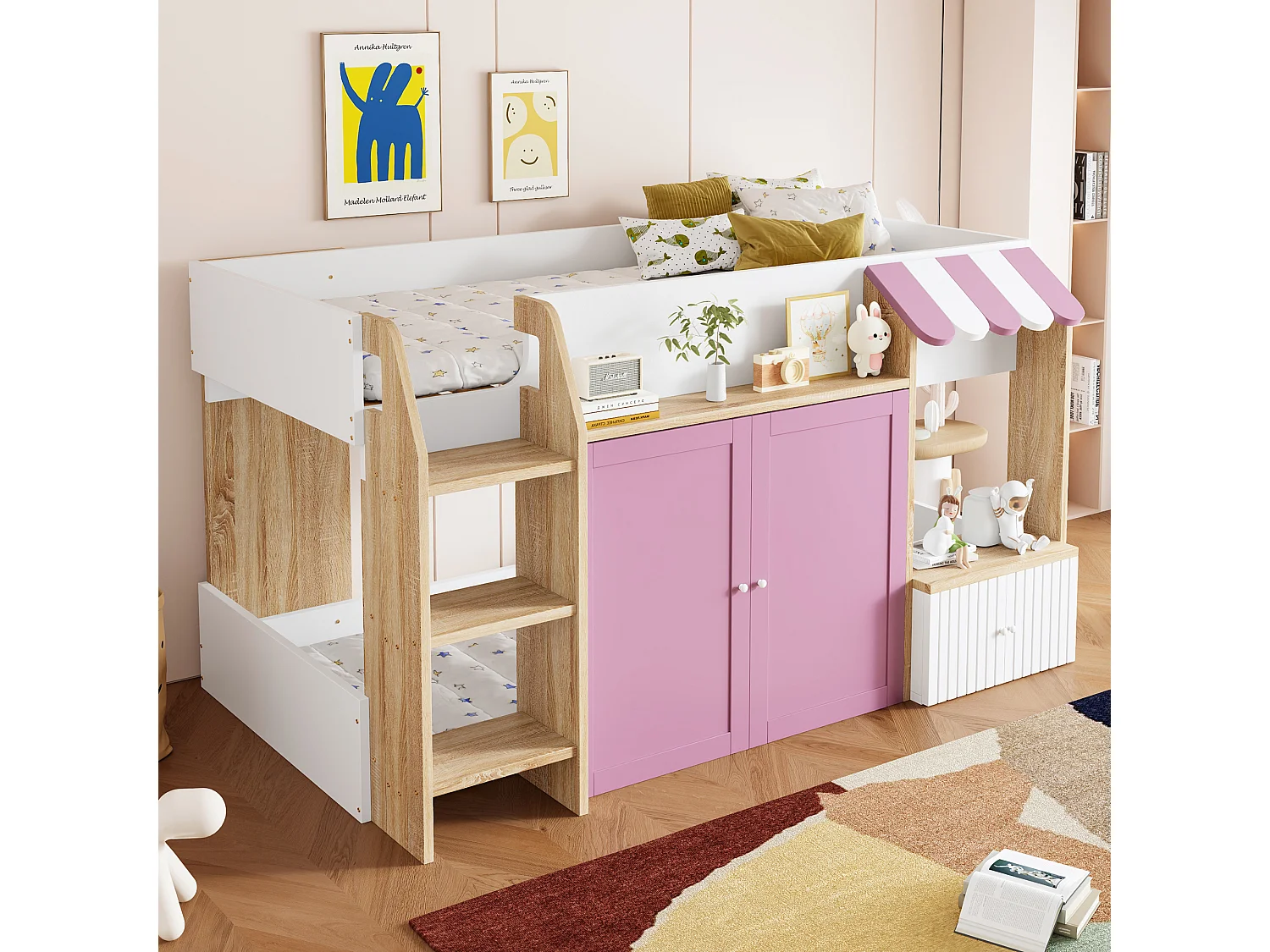 Lit superposé 90x200cm style maison faible hauteur bois sécurité échelle large idéal chambre enfant Rose et blanc (Sans matelas)