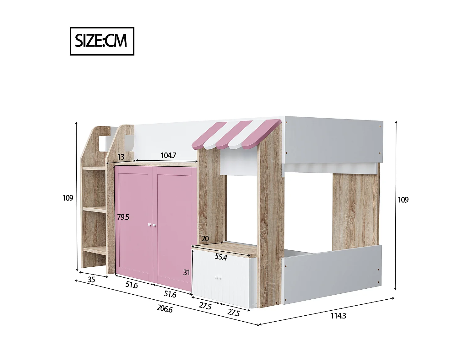 Lit enfant mezzanine 90x200 cm, avec échelle large, avec rangements intégrés, en bois, rose et blanc (Sans matelas)