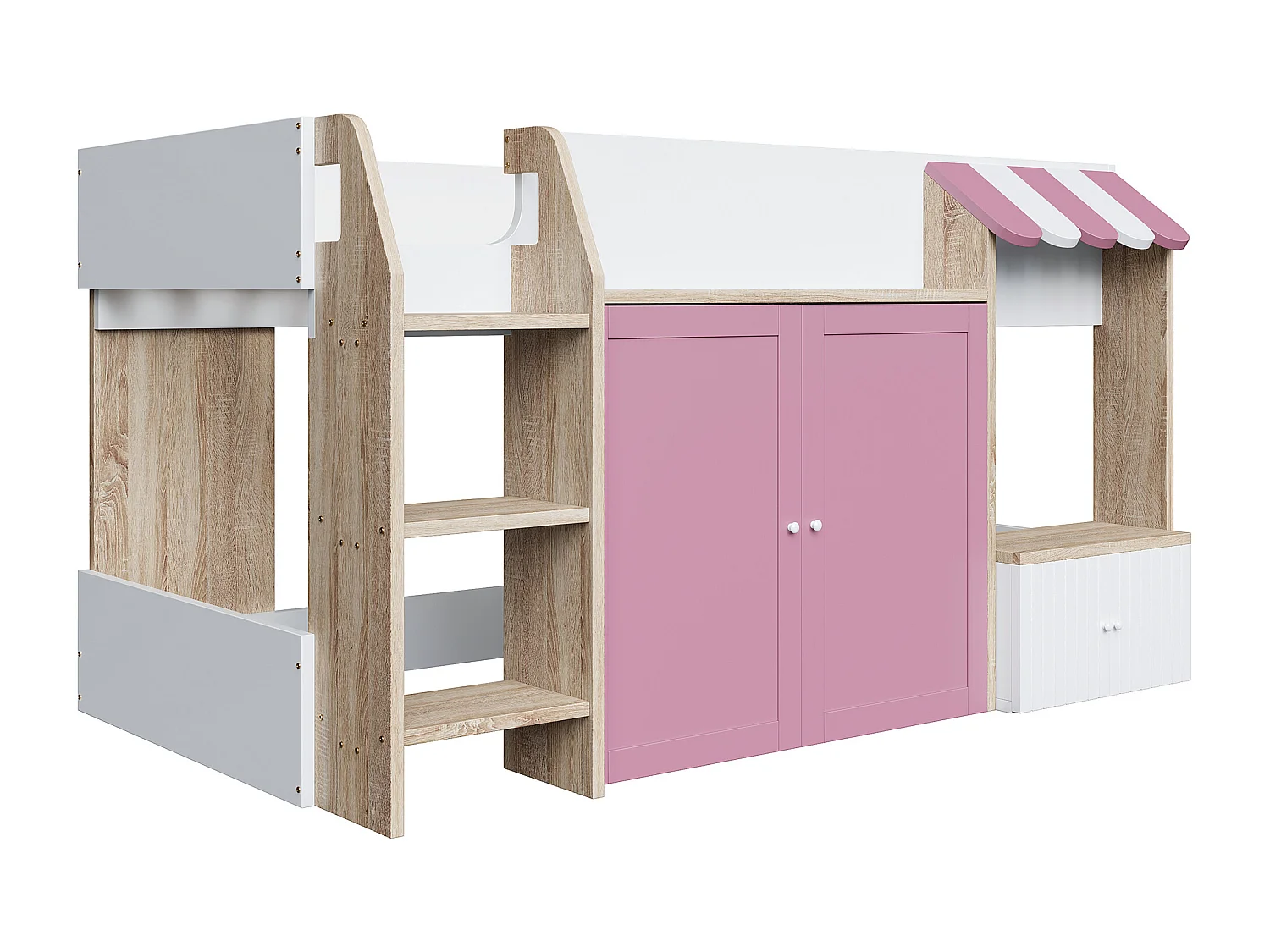 Lit enfant mezzanine 90x200 cm, avec échelle large, avec rangements intégrés, en bois, rose et blanc (Sans matelas)