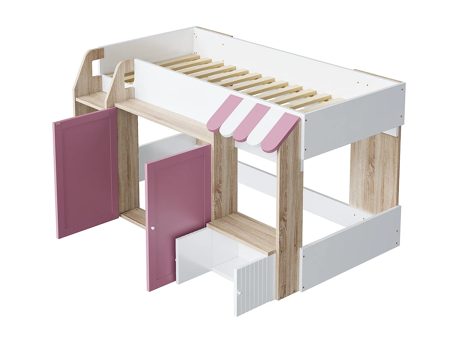 Lit enfant mezzanine 90x200 cm, avec échelle large, avec rangements intégrés, en bois, rose et blanc (Sans matelas)
