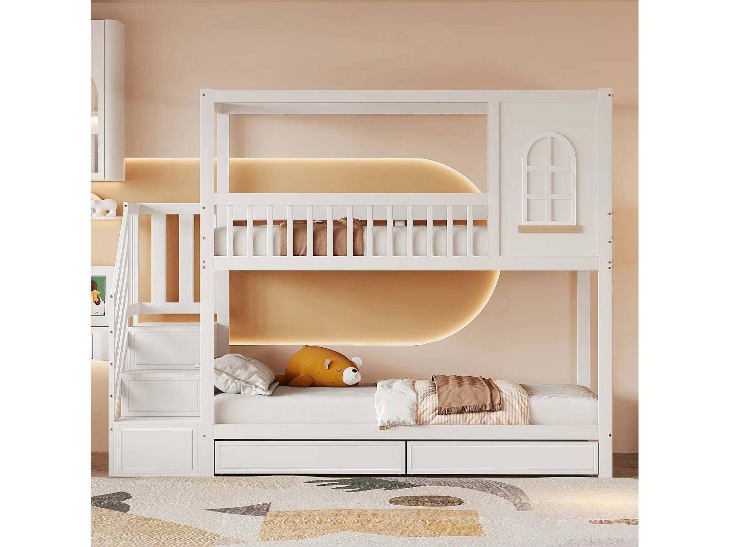 Lit superposé enfant 90x200 cm avec échelle et tiroirs de rangement, avec barrières de sécurité, en bois, blanc (Sans matelas)