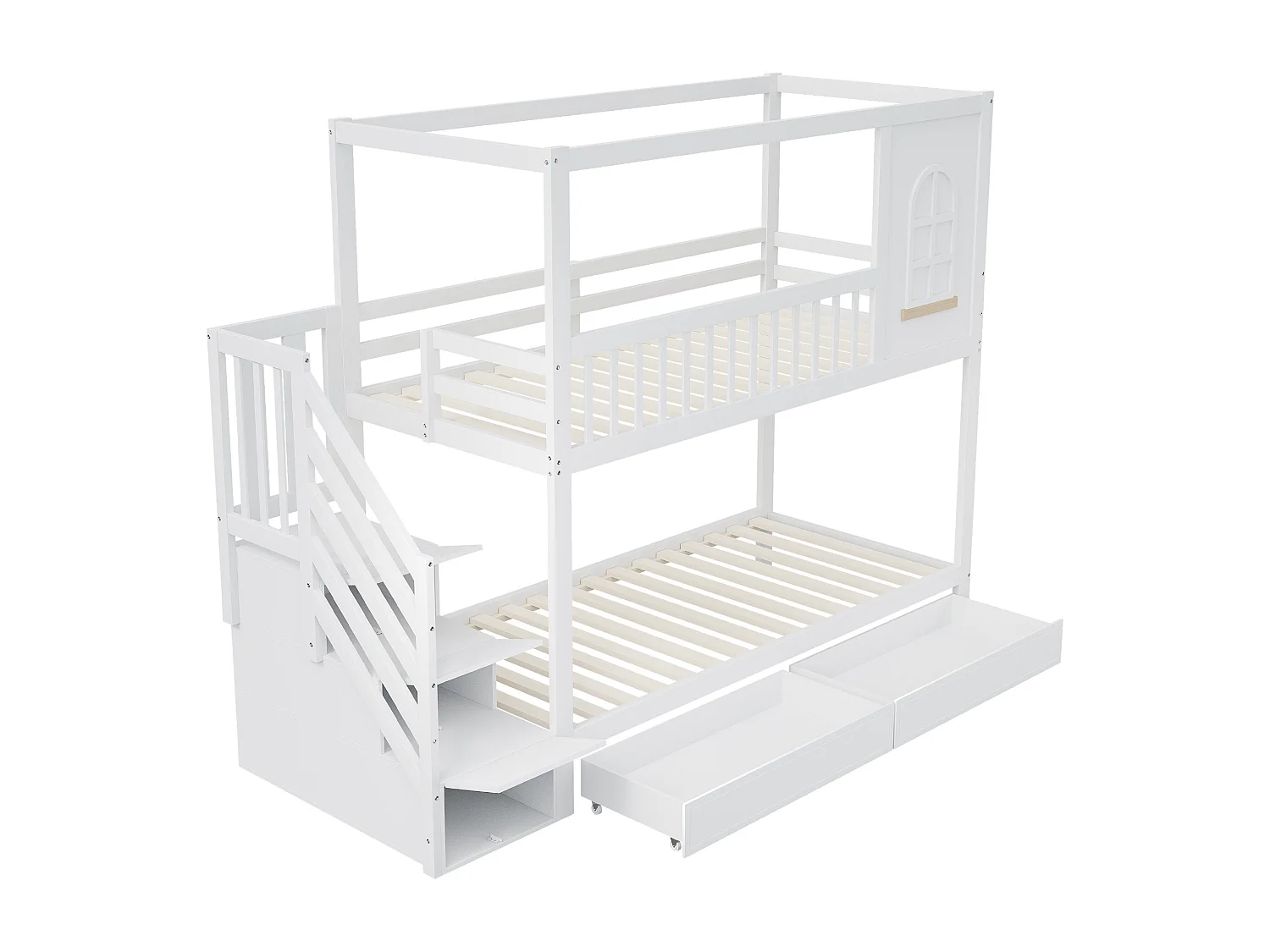 Lit superposé enfant 90x200 cm avec échelle et tiroirs de rangement, avec barrières de sécurité, en bois, blanc (Sans matelas)
