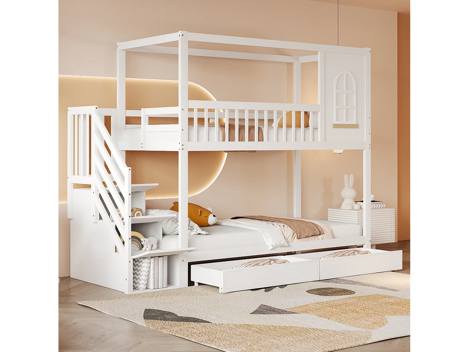Lit superposé enfant 90x200 cm avec échelle et tiroirs de rangement, avec barrières de sécurité, en bois, blanc (Sans matelas)