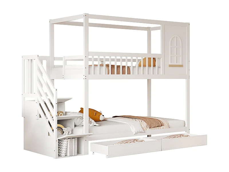 Lit superposé enfant 90x200 cm avec échelle et tiroirs de rangement, avec barrières de sécurité, en bois, blanc (Sans matelas)