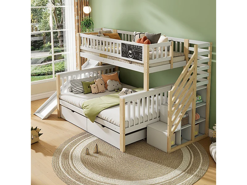 Lit superposé 140x200cm rangement intégré style épuré fonction ludique bois naturel blanc (Sans matelas)