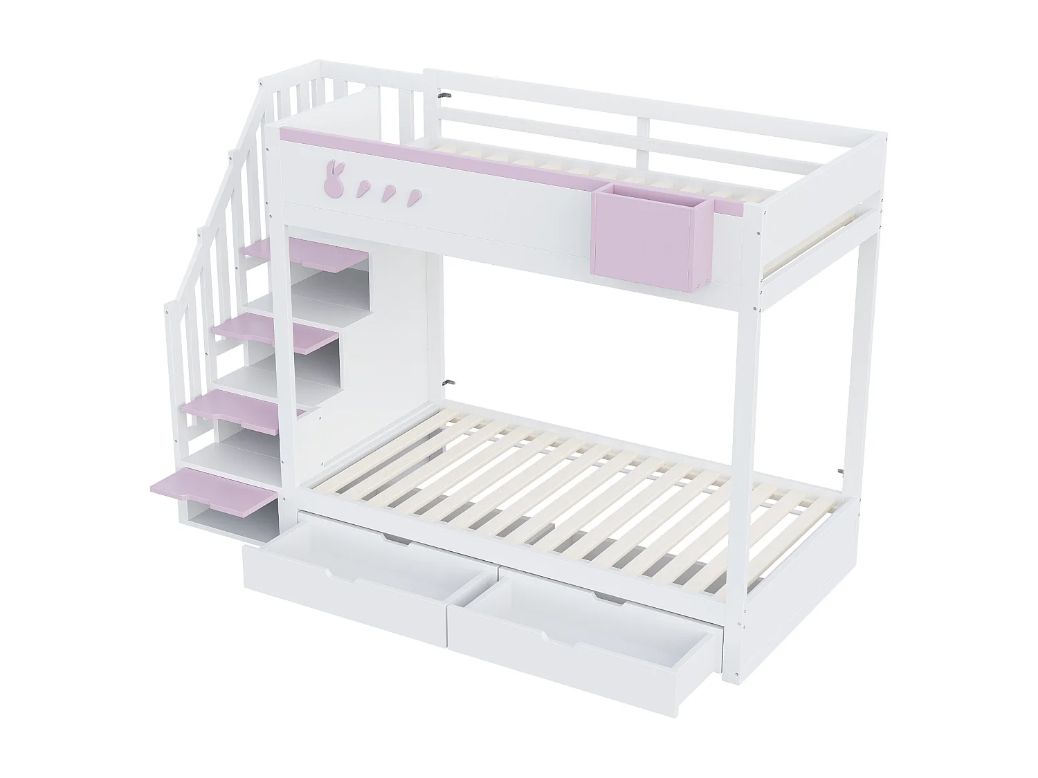 Lit superposé 90x200cm lit enfant moderne sécurité renfcée bois chambre enfant blanc et rose (Sans matelas)