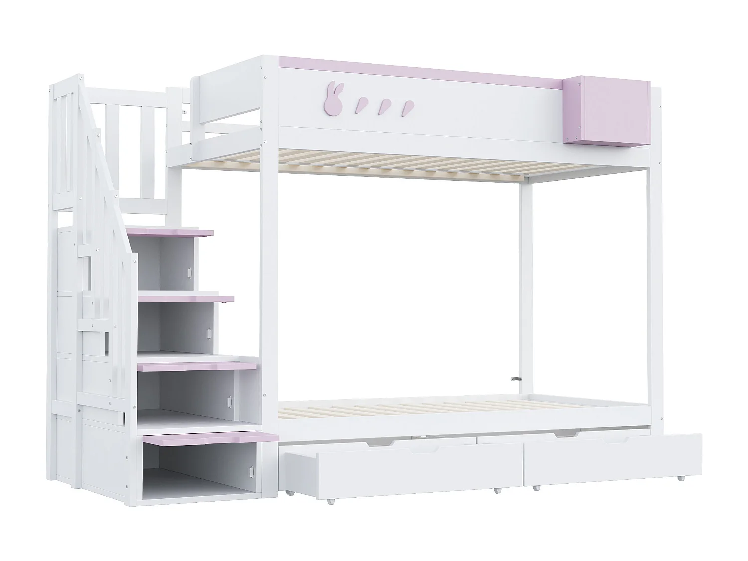 Lit superposé 90x200cm lit enfant moderne sécurité renfcée bois chambre enfant blanc et rose (Sans matelas)