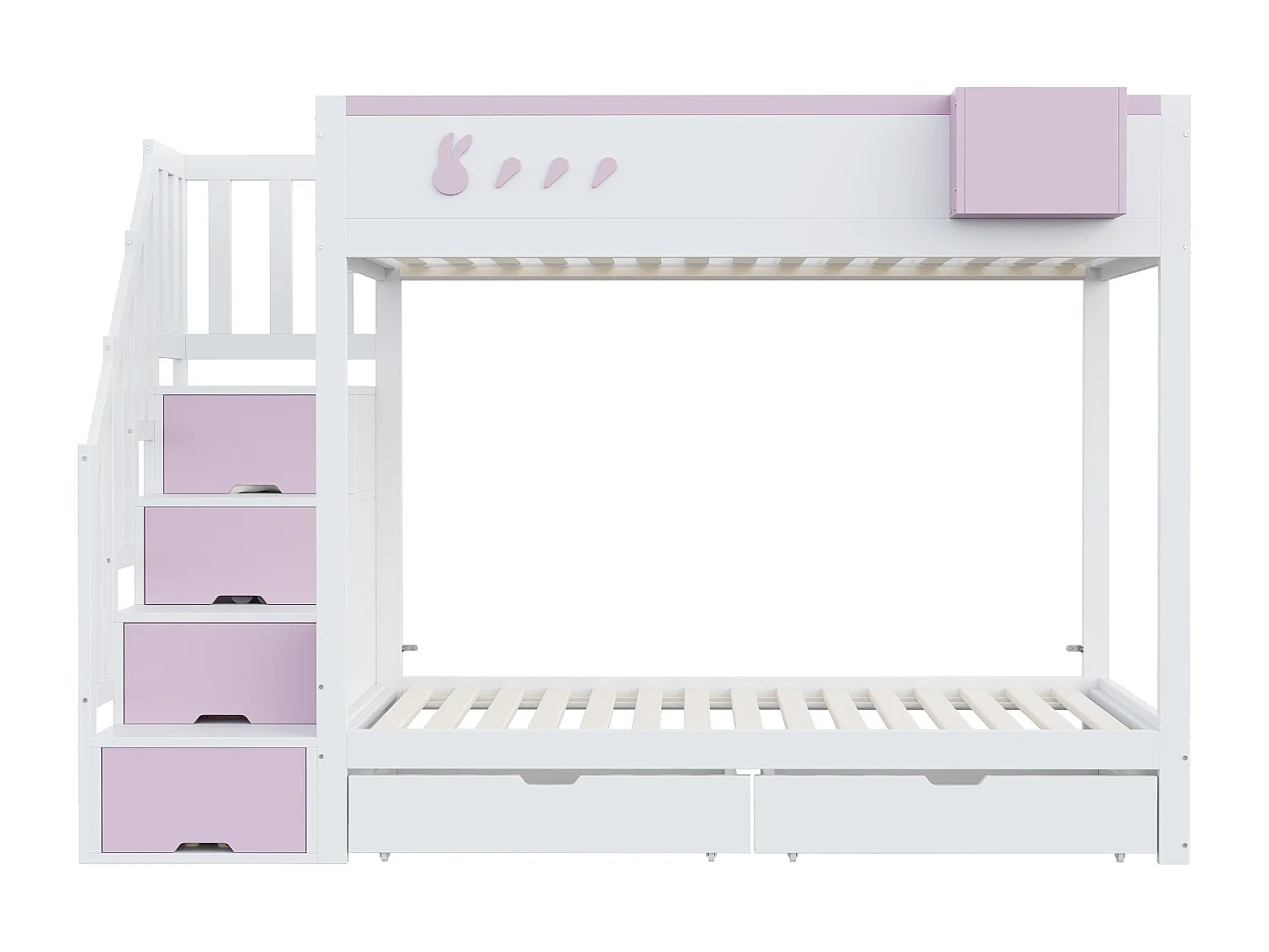 Litera 90x200cm cama infantil moderna con gran almacenaje madera habitación infantil blanco y rosa (Sin colchón)
