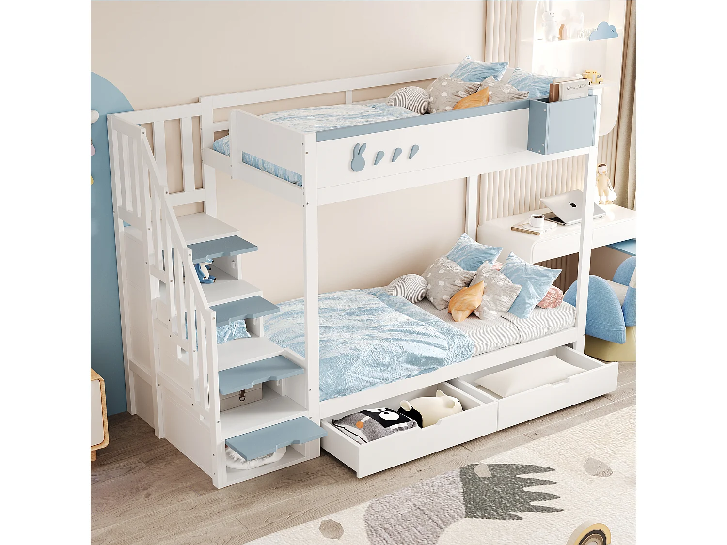 Lit superposé 90x200cm lit enfant style moderne sécurité tiroirs fonctionnel bois pour chambre blanc et bleu (Sans matelas)