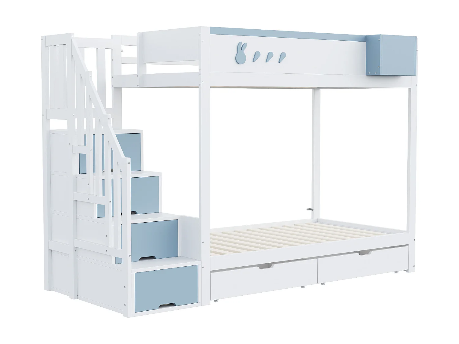 Lit superposé 90x200cm lit enfant style moderne sécurité tiroirs fonctionnel bois pour chambre blanc et bleu (Sans matelas)