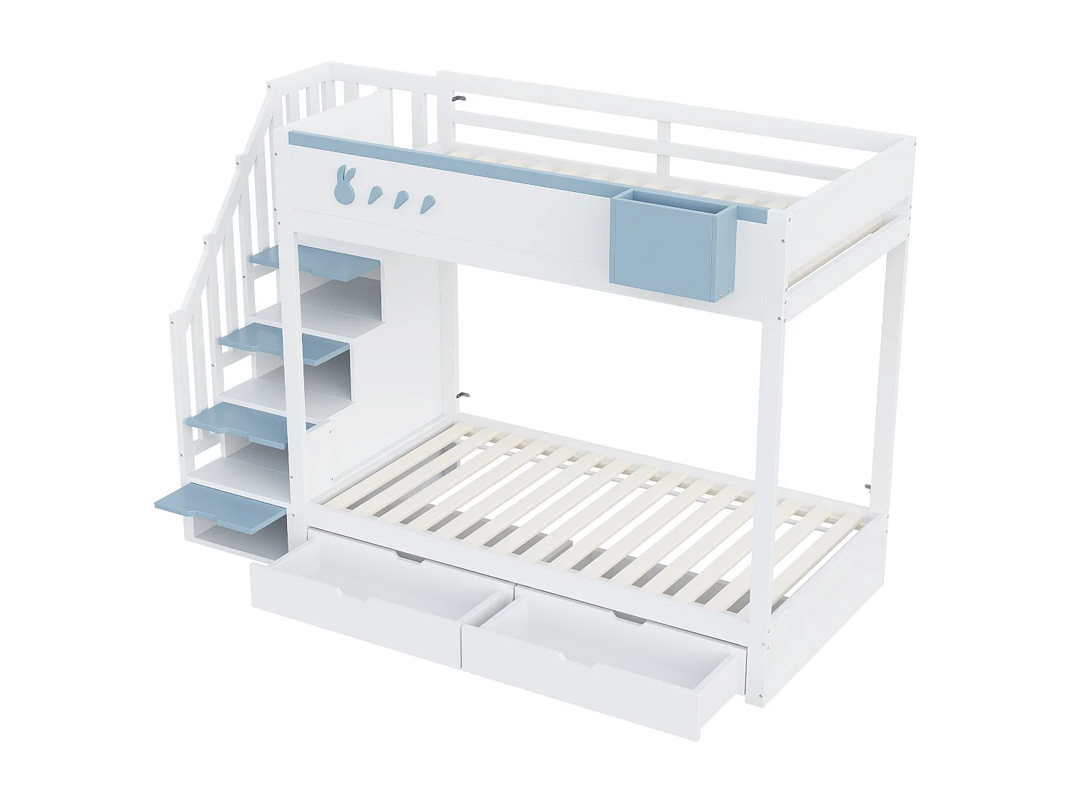 Lit superposé 90x200cm lit enfant style moderne sécurité tiroirs fonctionnel bois pour chambre blanc et bleu (Sans matelas)