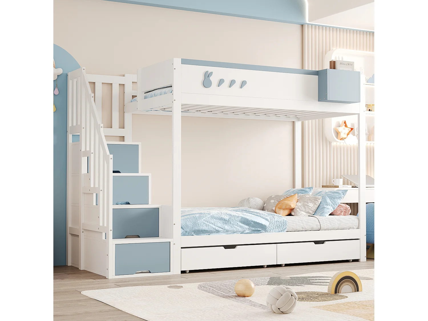 Lit superposé 90x200cm lit enfant style moderne sécurité tiroirs fonctionnel bois pour chambre blanc et bleu (Sans matelas)