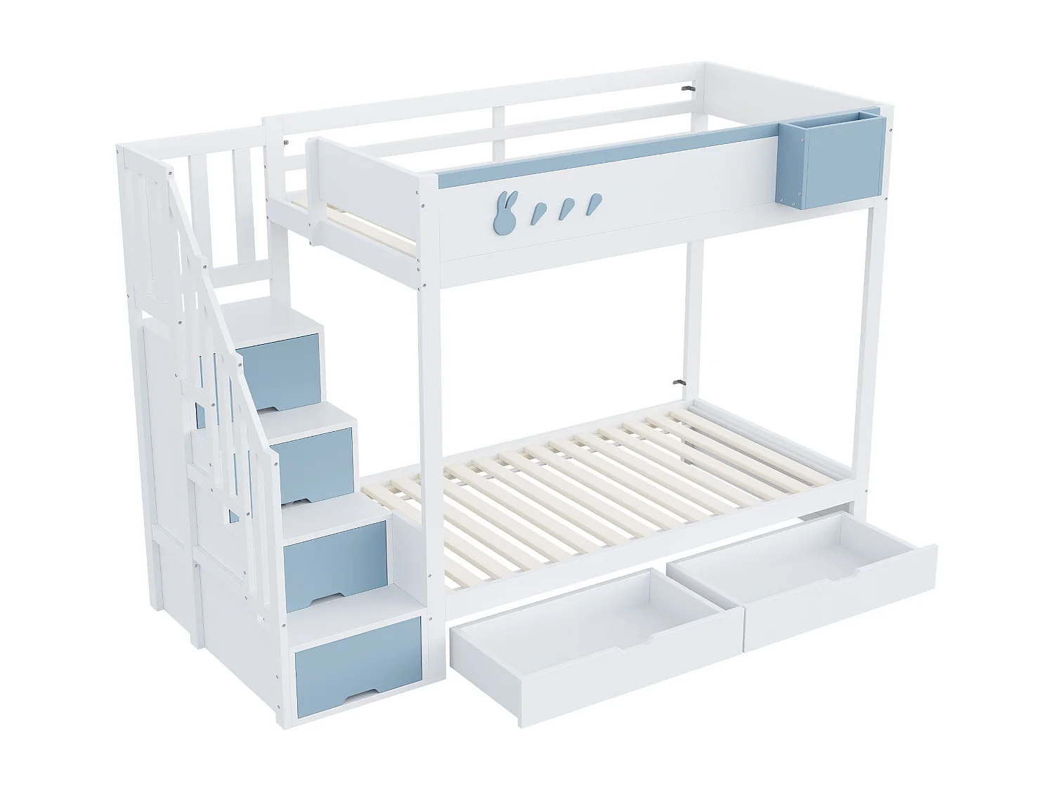 Lit superposé enfant 90x200 cm avec motifs lapin carotte, tiroirs de rangement et étagère amovible, bois, blanc et bleu (Sans matelas)