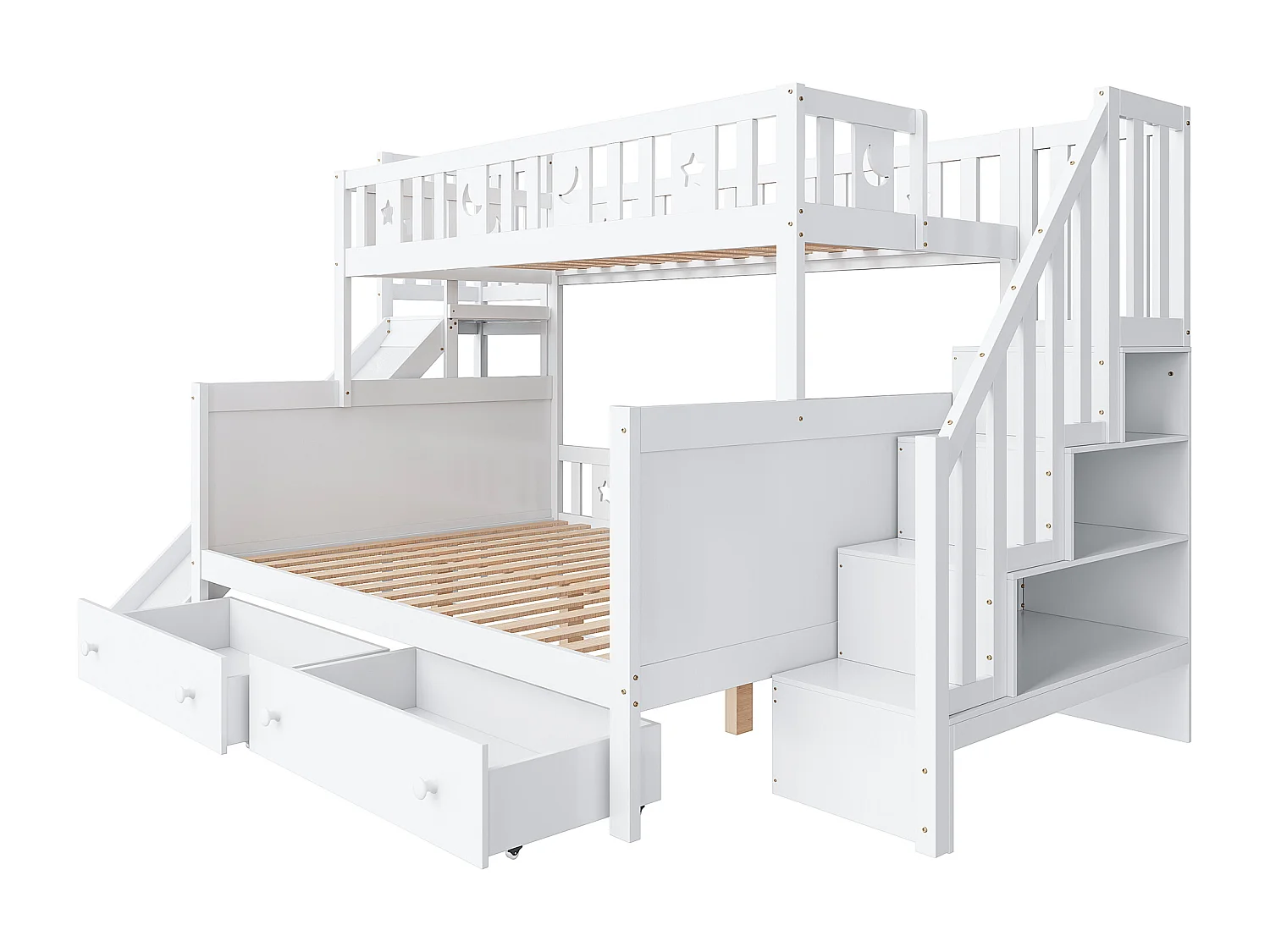 Stapelbed voor kinderen 90x200 cm 140x200 cm met glijbaan, met opbergvakken en 2 laden, MDF hout, wit (zonder matras)