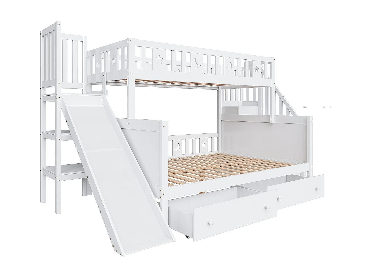 Stapelbed voor kinderen 90x200 cm 140x200 cm met glijbaan, met opbergvakken en 2 laden, MDF hout, wit (zonder matras)