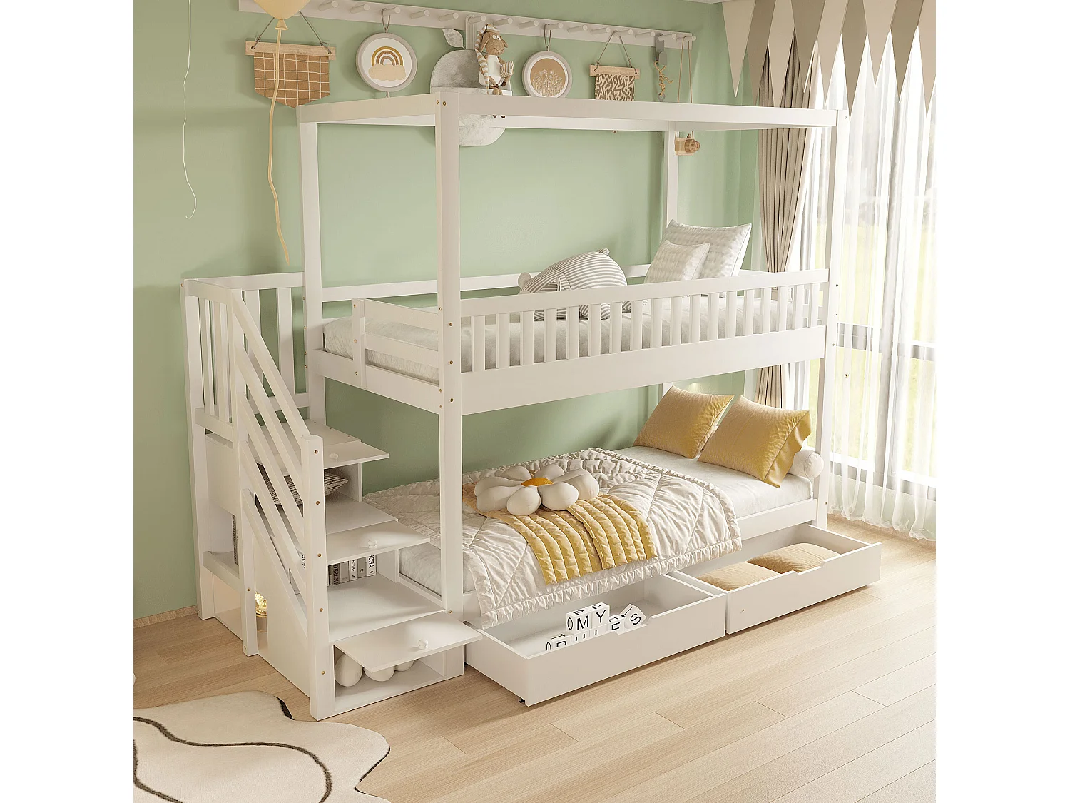 Lit superposé 90x200cm lit enfant style scandinave gain de place bois chambre blanc (Sans matelas)