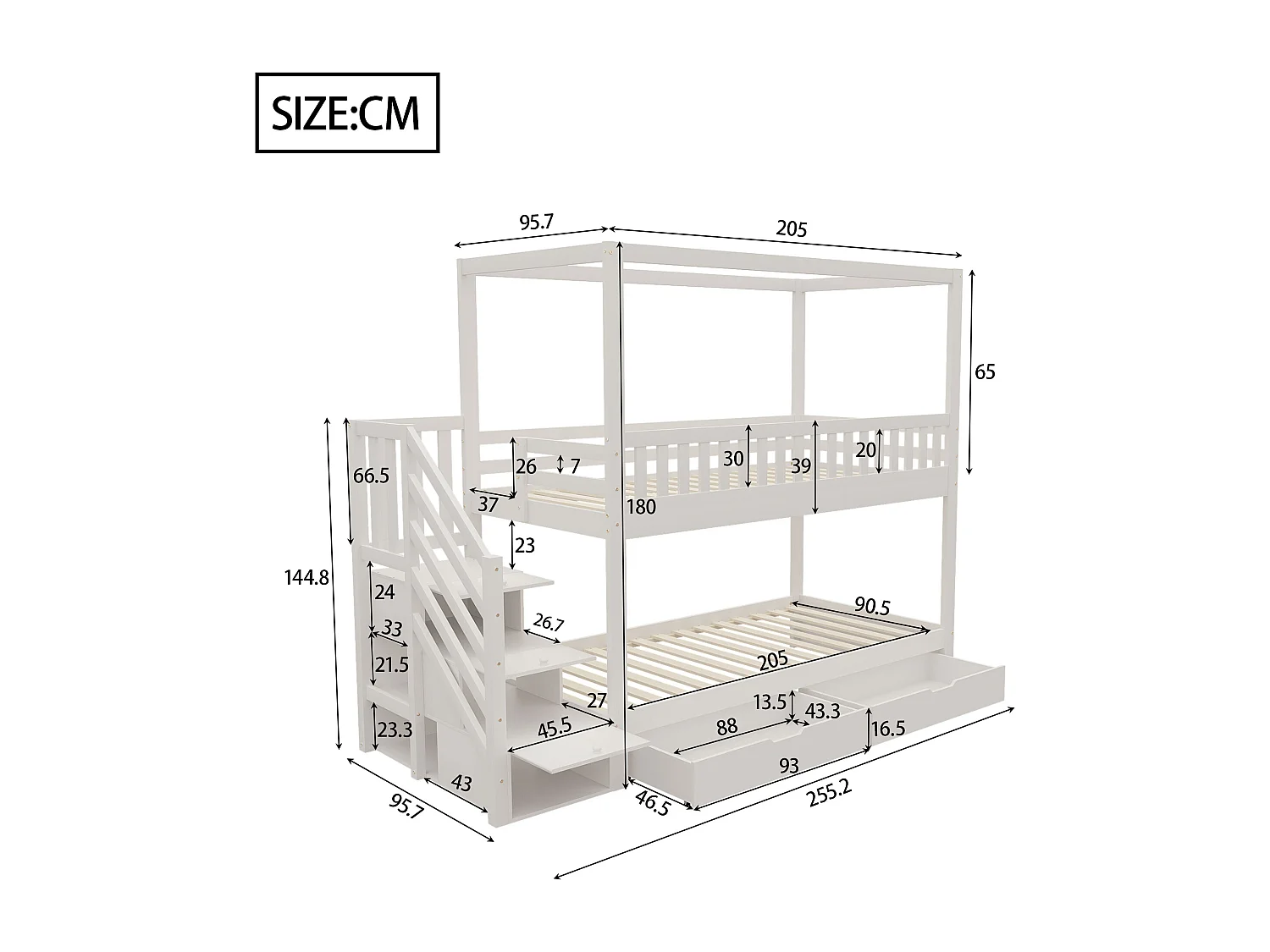 Lit superposé 90x200cm lit enfant style scandinave gain de place bois chambre blanc (Sans matelas)