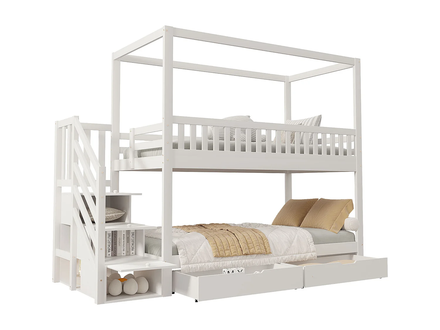 Lit superposé enfant 90x200 cm avec look maison échelle sécurisée et tiroirs de rangement, bois, blanc (Sans matelas)