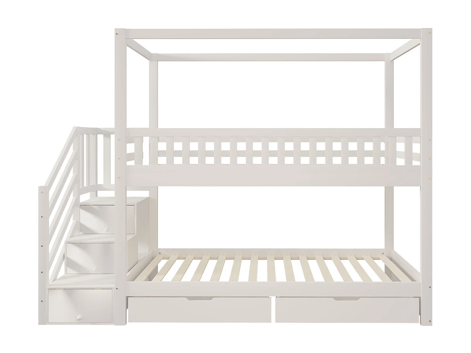 Lit superposé enfant 90x200 cm avec look maison échelle sécurisée et tiroirs de rangement, bois, blanc (Sans matelas)
