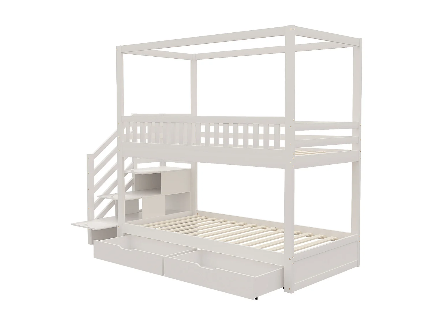 Lit superposé enfant 90x200 cm avec look maison échelle sécurisée et tiroirs de rangement, bois, blanc (Sans matelas)