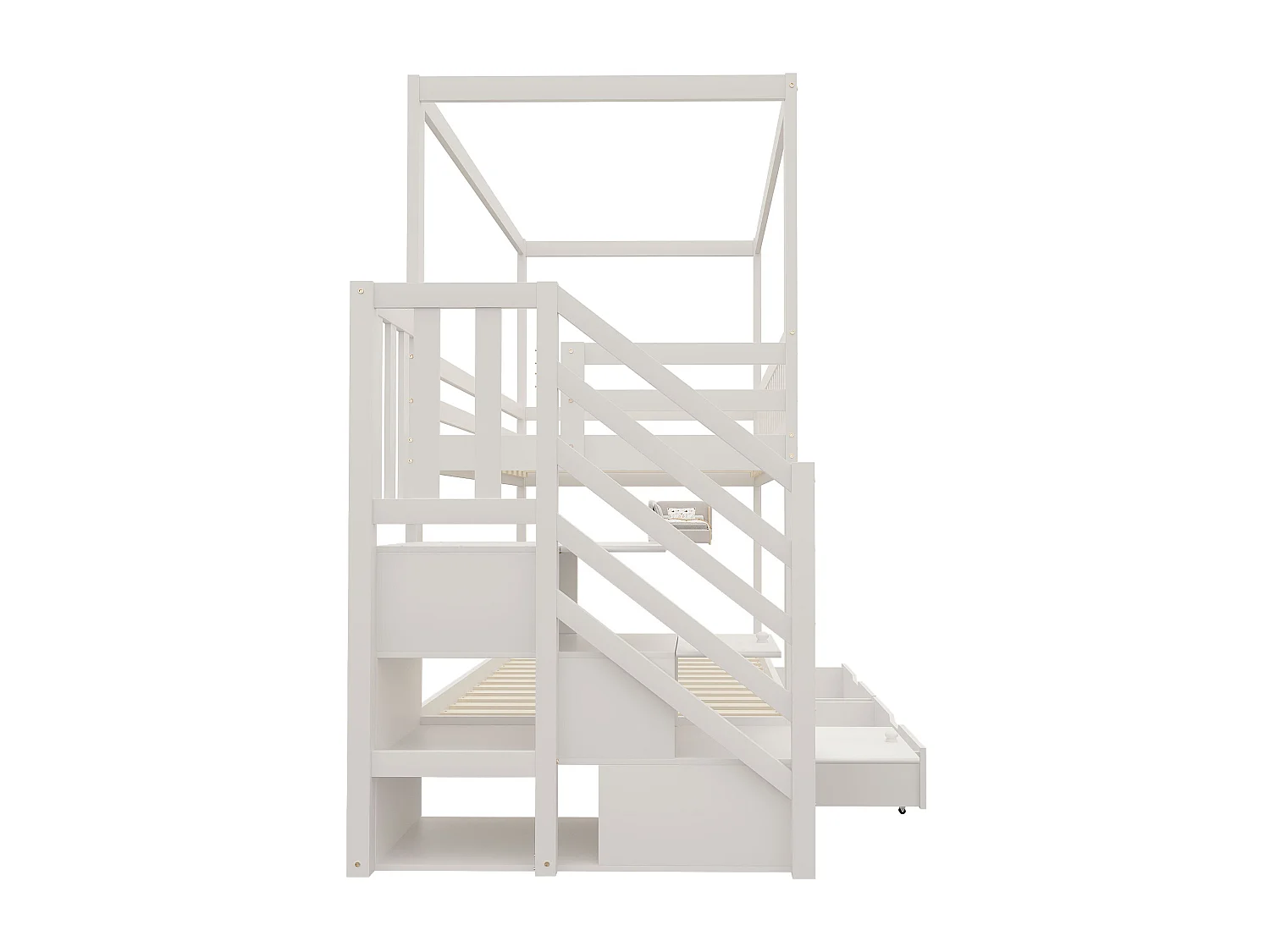 Lit superposé enfant 90x200 cm avec look maison échelle sécurisée et tiroirs de rangement, bois, blanc (Sans matelas)