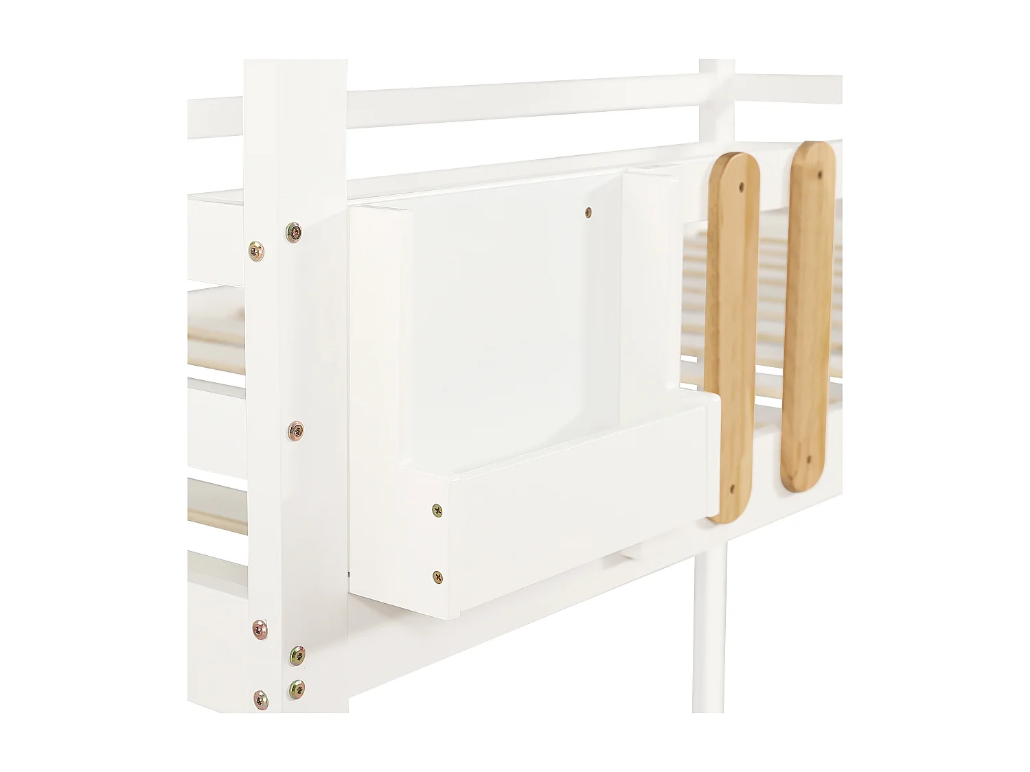 Litera 90x200cm estructura resistente barandillas protectoras madera MDF montaje fácil Blanco y natural (Sin colchón)