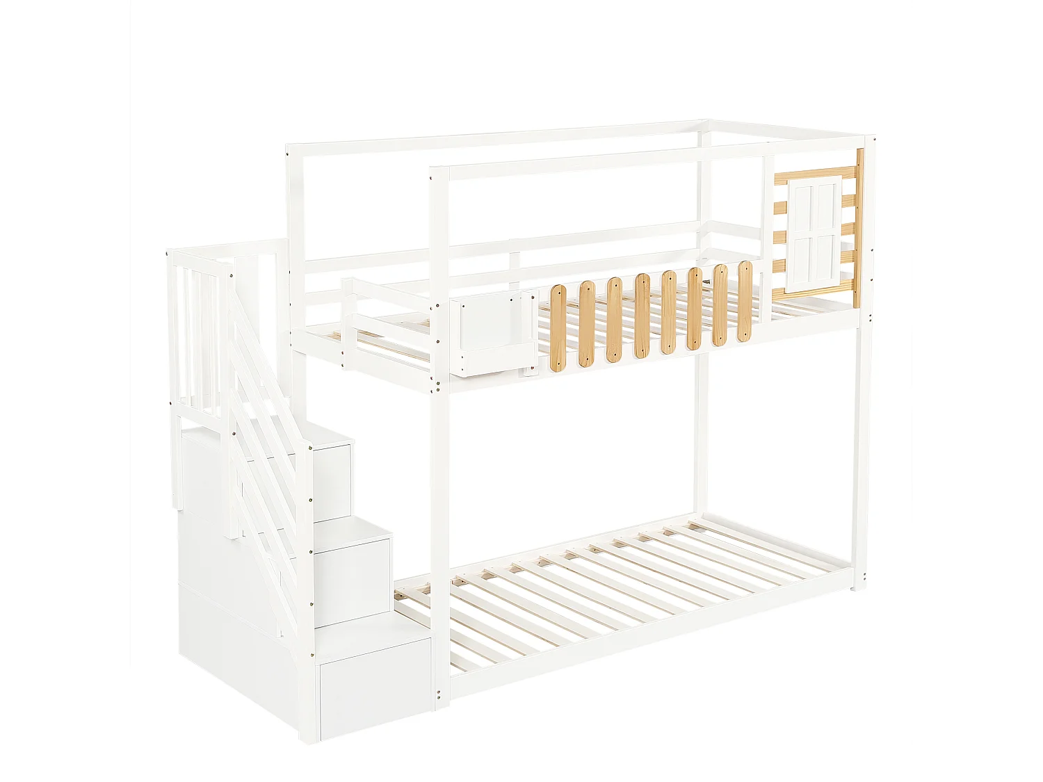 Litera 90x200cm estructura resistente barandillas protectoras madera MDF montaje fácil Blanco y natural (Sin colchón)