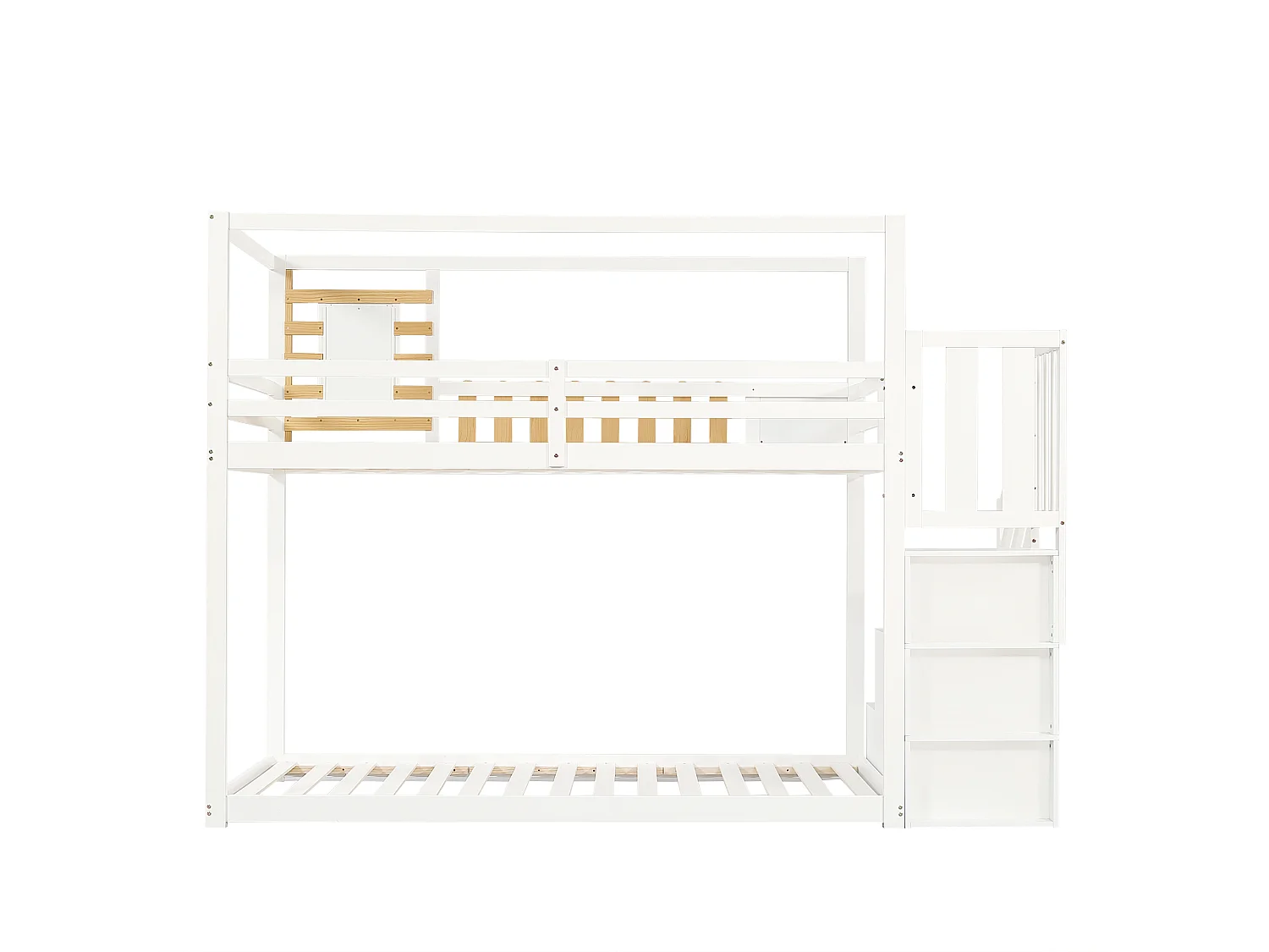 Litera 90x200cm estructura resistente barandillas protectoras madera MDF montaje fácil Blanco y natural (Sin colchón)