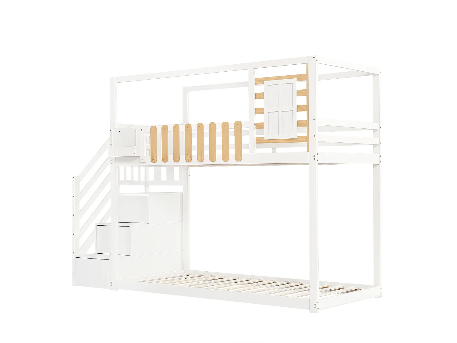 Lit superposé 90x200 avec escalier avec rangements et fenêtre, avec garde corps, pin et MDF, blanc et naturel (Sans matelas)