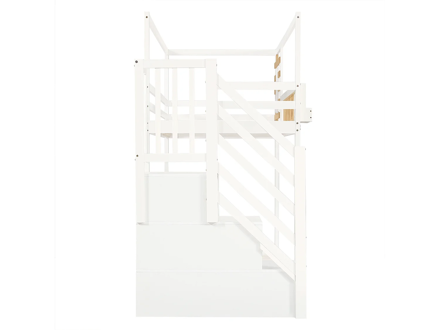 Lit superposé 90x200 avec escalier avec rangements et fenêtre, avec garde corps, pin et MDF, blanc et naturel (Sans matelas)