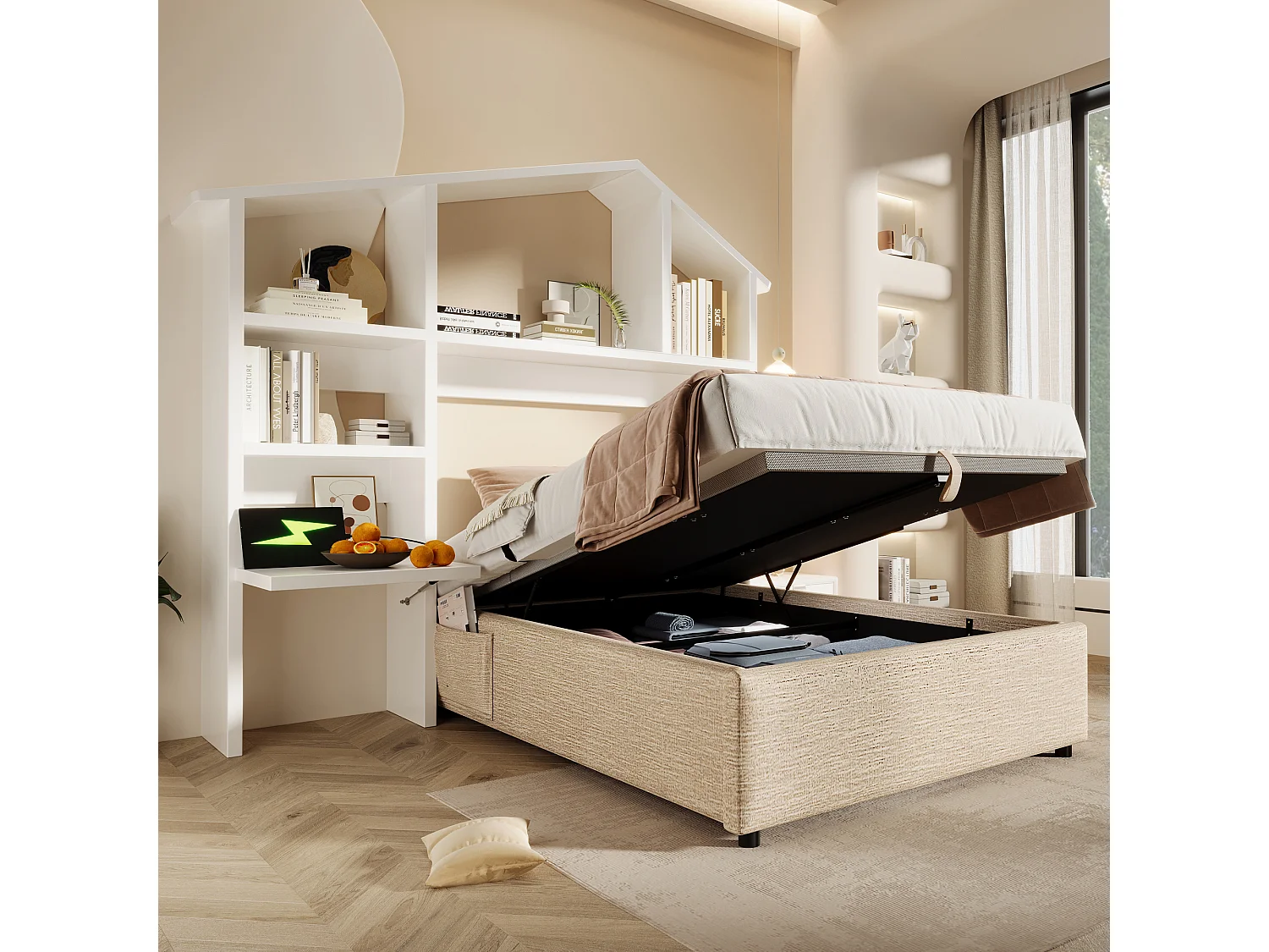 Kinderbed 1400x200cm Hoofdeinde met plank Modern ontwerp Hydraulische opbergruimte Linnen Metaal Hout Natuur (Zonder matras)