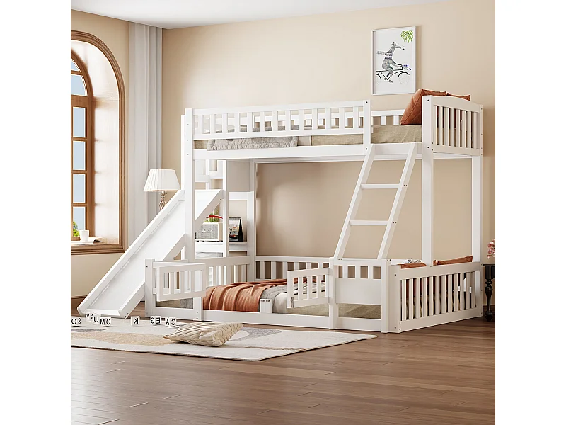 Stapelbed 140x200cm glijbaan ge茂ntegreerde planken ruimtebesparend hout wit (Zonder matras)