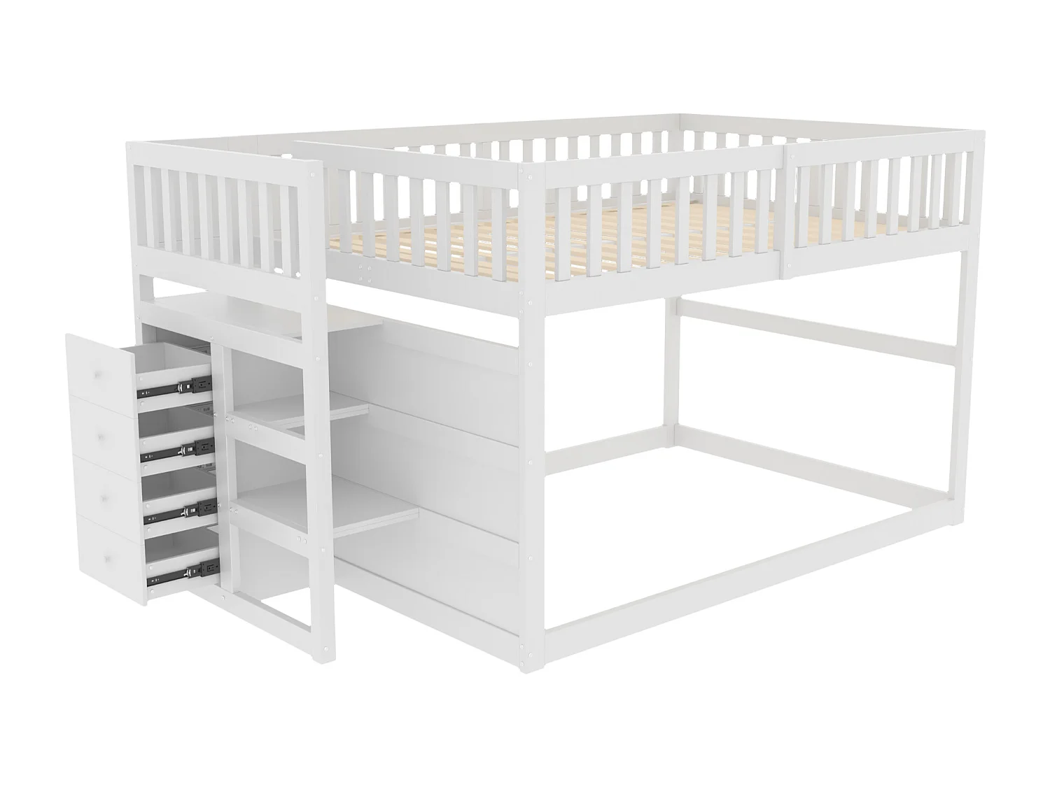 Lit superposé bas 140x200 cm avec escalier et 4 tiroirs, barrière haute, bois, blanc (Sans matelas)