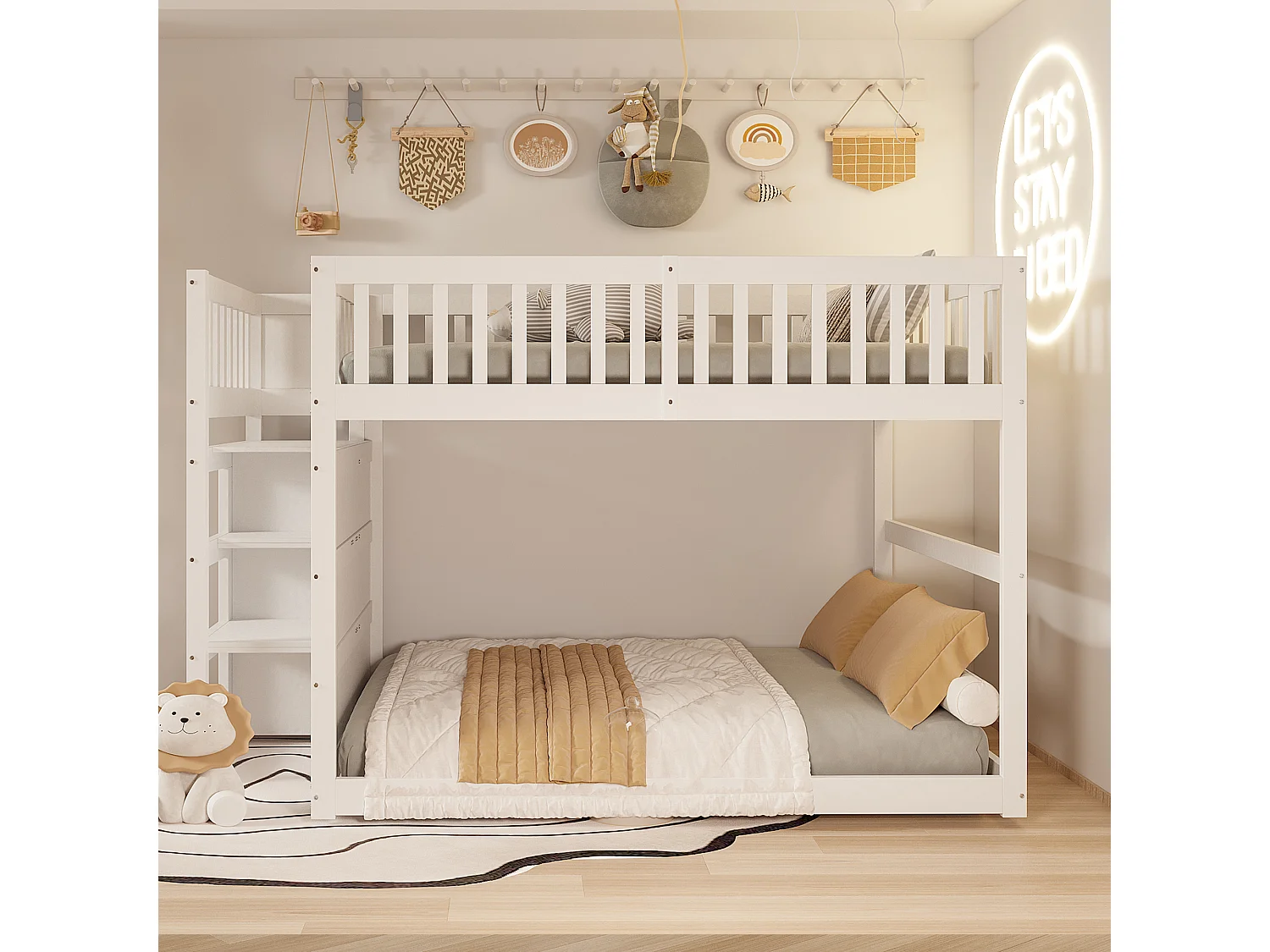 Lit superposé bas 140x200 cm avec escalier et 4 tiroirs, barrière haute, bois, blanc (Sans matelas)