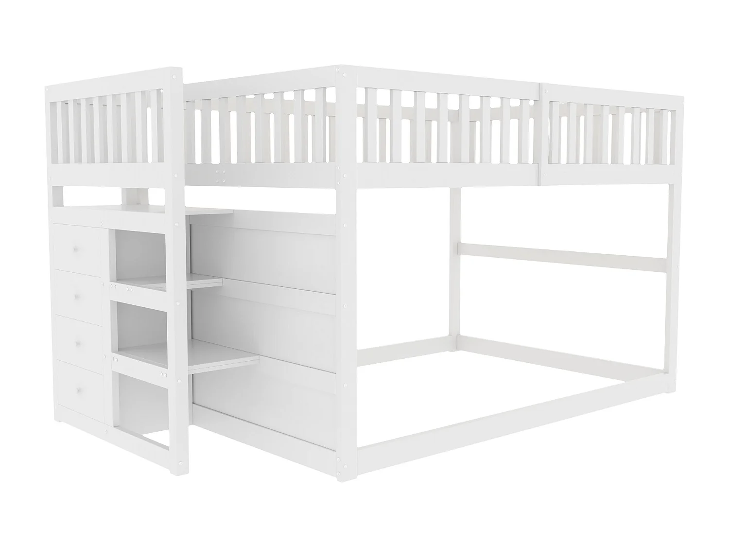 Lit superposé bas 140x200 cm avec escalier et 4 tiroirs, barrière haute, bois, blanc (Sans matelas)