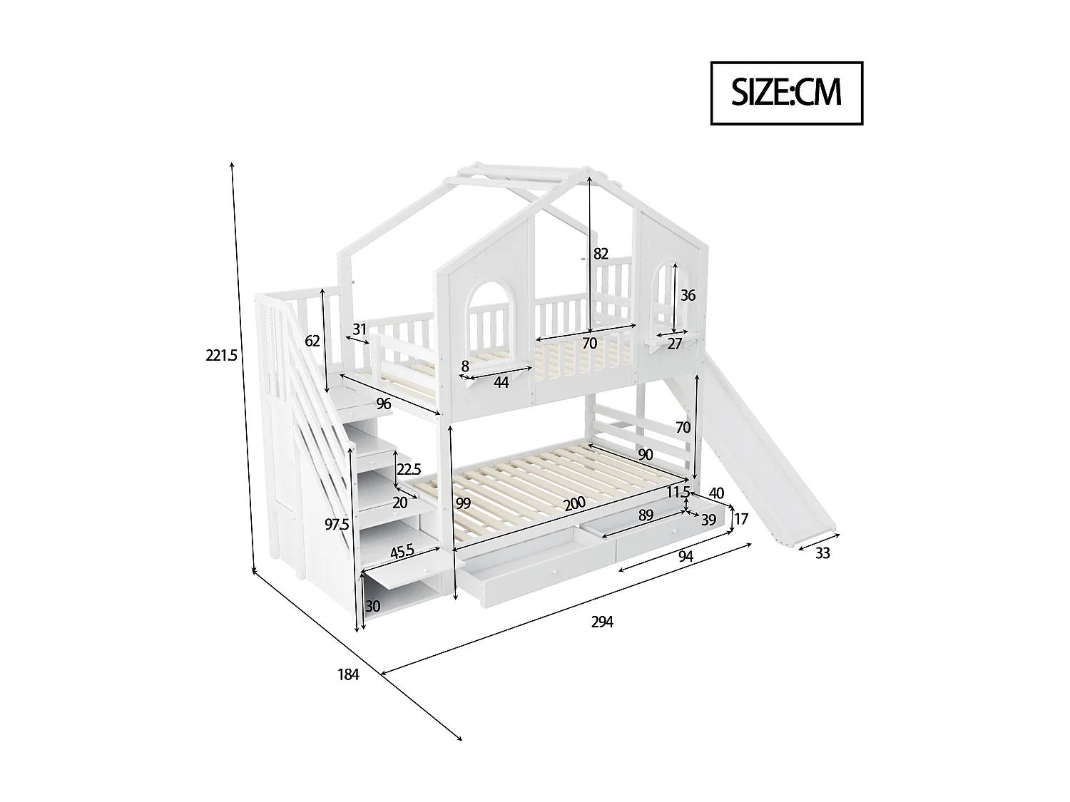 Litera 90x200cm Cajones amplios y escalera segura con puerta almacenamiento madera blanca (Sin colchón)