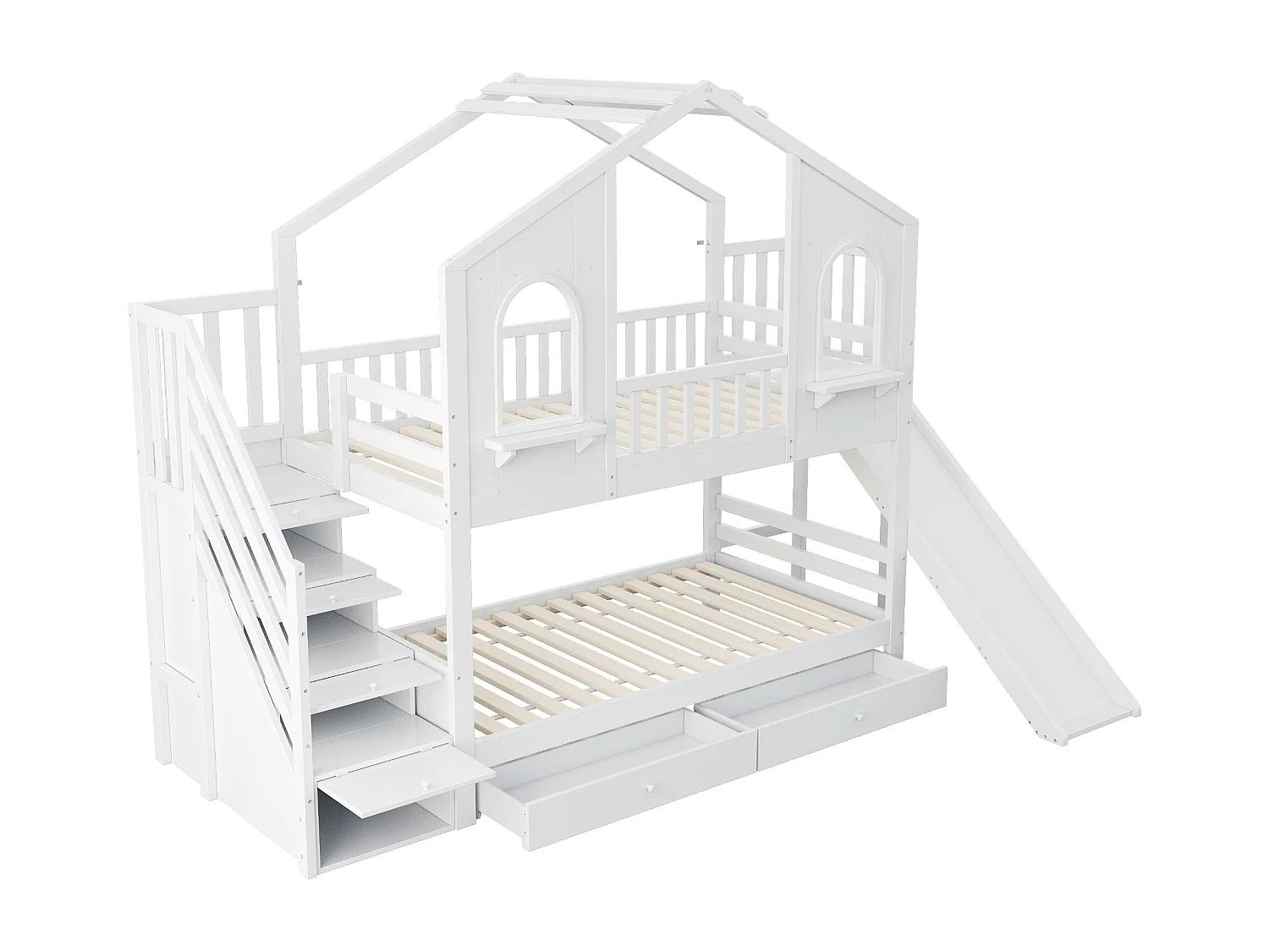 Litera 90x200cm Cajones amplios y escalera segura con puerta almacenamiento madera blanca (Sin colchón)