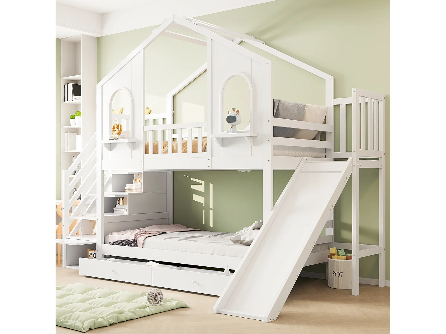 Litera 90x200cm Cajones amplios y escalera segura con puerta almacenamiento madera blanca (Sin colchón)