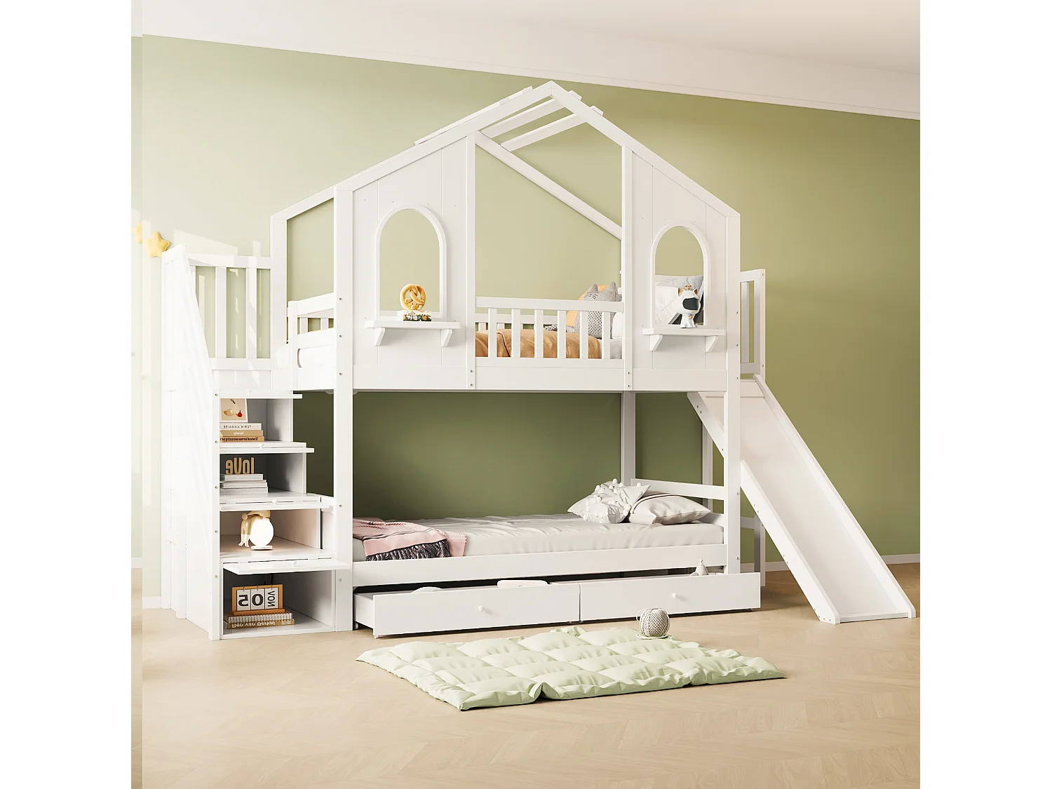 Stapelbed 90x200cm Huisvorm met glijbaan opberghordes trap lades hout wit (Zonder matras)