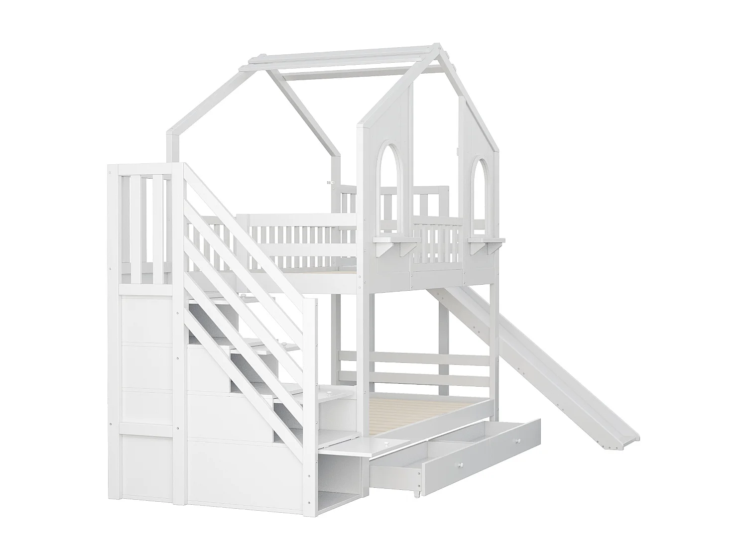 Stapelbed 90x200cm Huisvorm met glijbaan opberghordes trap lades hout wit (Zonder matras)
