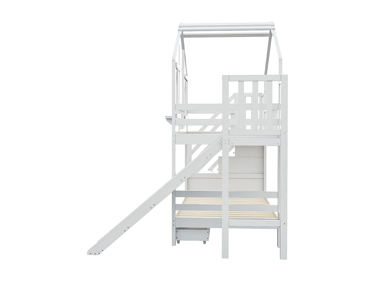 Stapelbed 90x200cm Huisvorm met glijbaan opberghordes trap lades hout wit (Zonder matras)