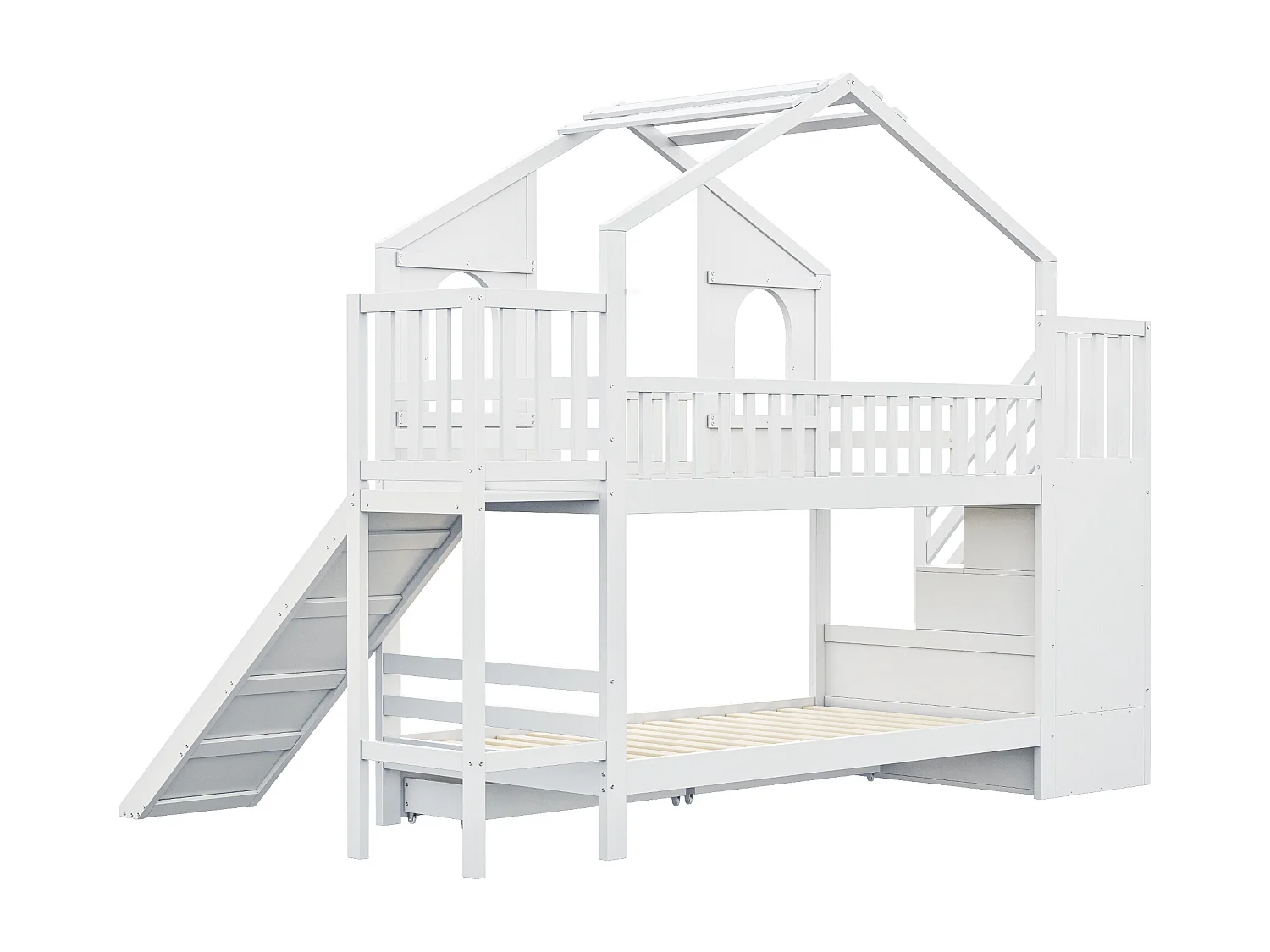 Stapelbed 90x200cm Huisvorm met glijbaan opberghordes trap lades hout wit (Zonder matras)