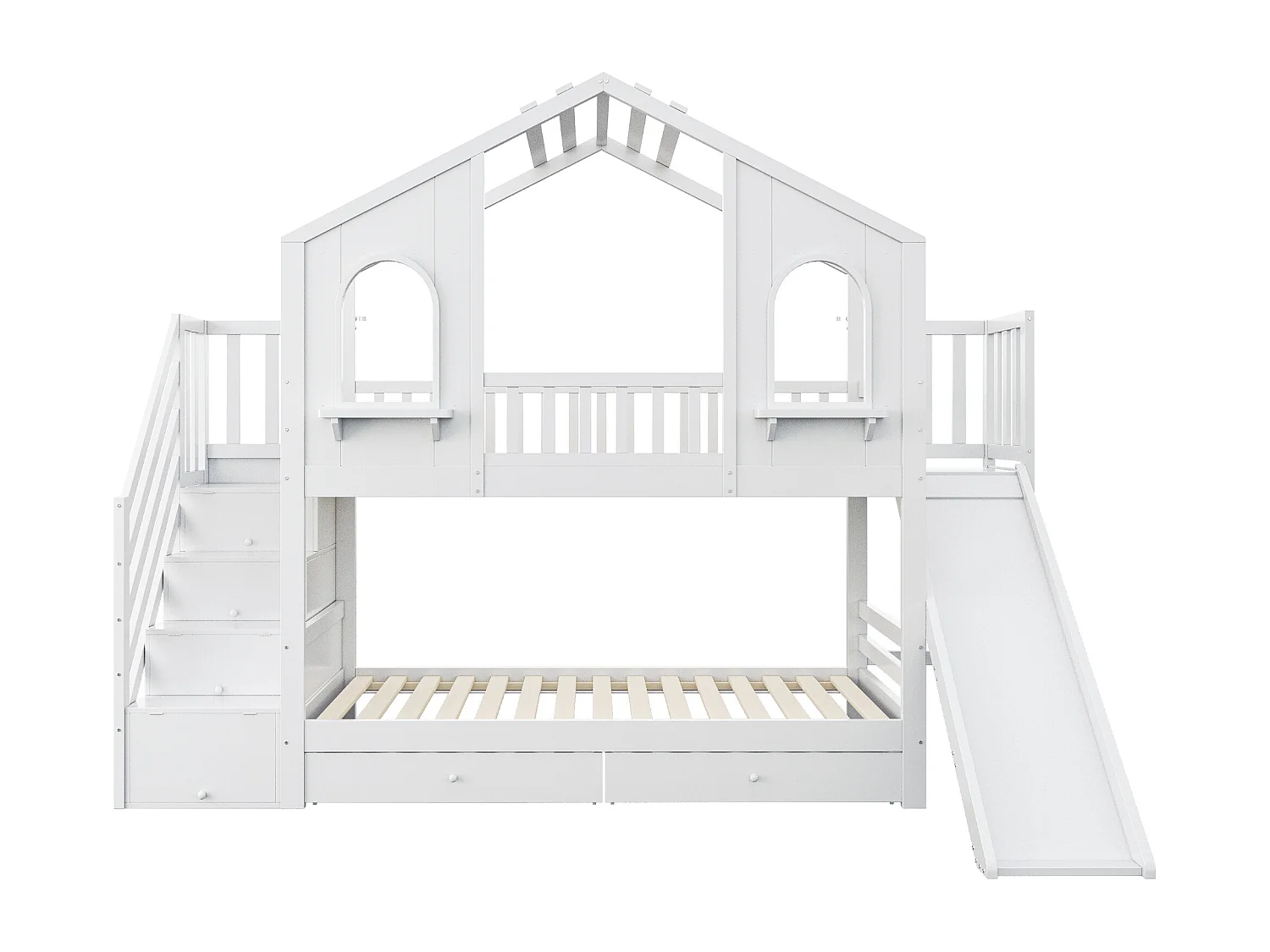Stapelbed 90x200cm Huisvorm met glijbaan opberghordes trap lades hout wit (Zonder matras)