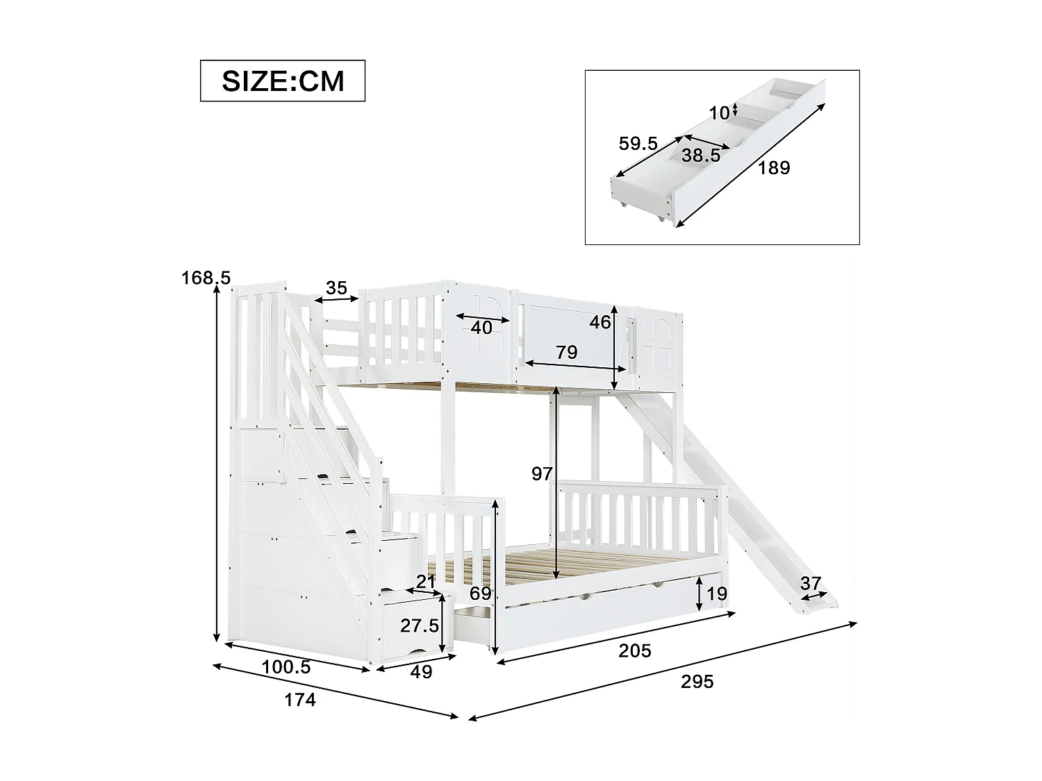 Stapelbed 160x200cm Glijbaan Opberghoek Trap met vakken hout Wit (Zonder matras)