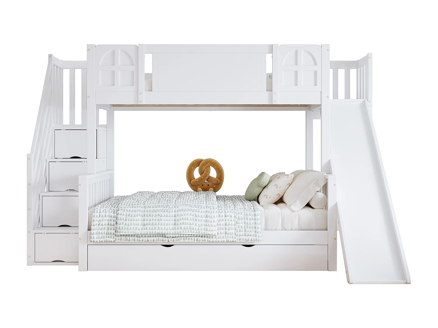 Lit superposé 90x200 cm avec fenêtres, toboggan et escalier rangement, bois et MDF, blanc (Sans matelas)