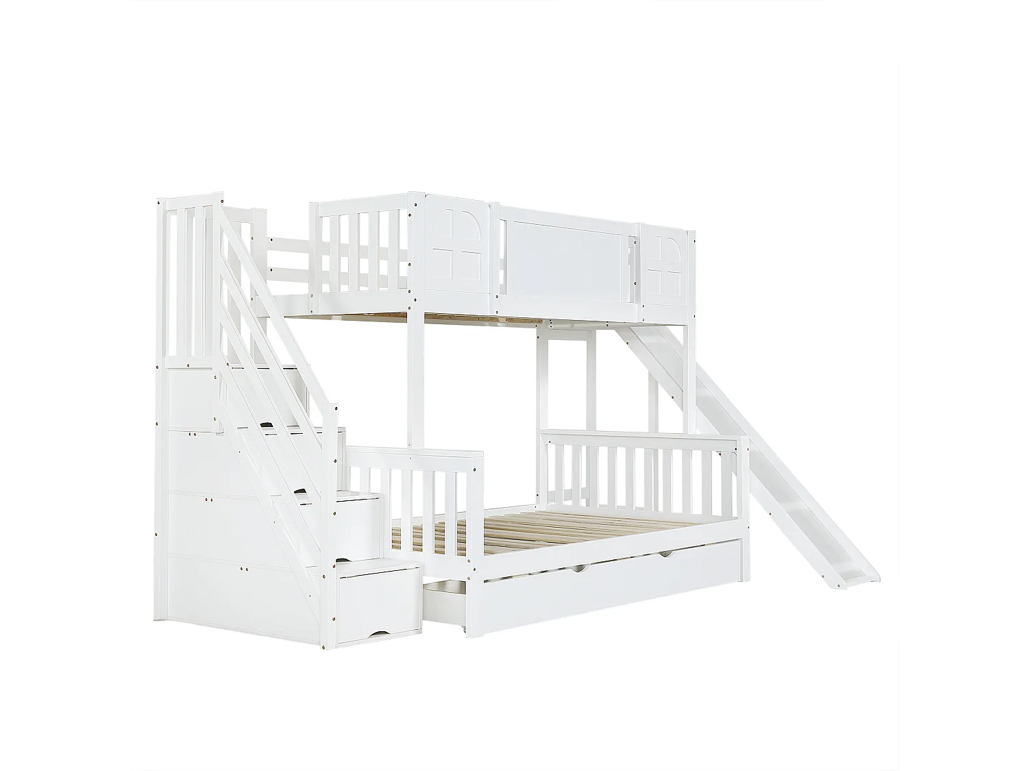 Lit superposé 90x200 cm avec fenêtres, toboggan et escalier rangement, bois et MDF, blanc (Sans matelas)